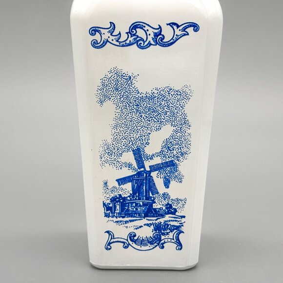 Vintage Vandermint Milk Glass Decanter Pair With Blue Windmill Design | Holland - Picture 3 of 8